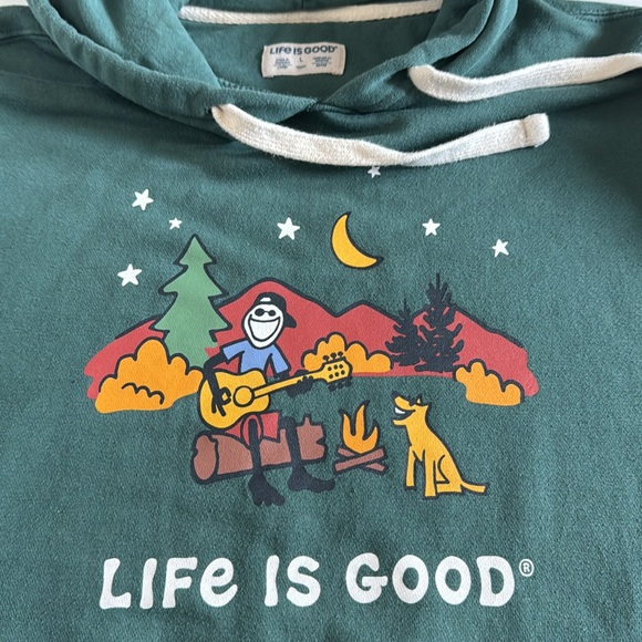 Life is Good green campfire, dog, guitar mountain scene hoodie.  Men’s  large - Picture 11 of 11